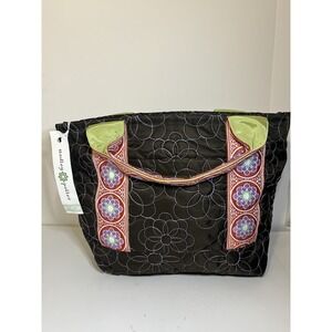 HADLEY POLLET Quilted Embroidered Tote Brown With Floral Woven Ribbons. NWT